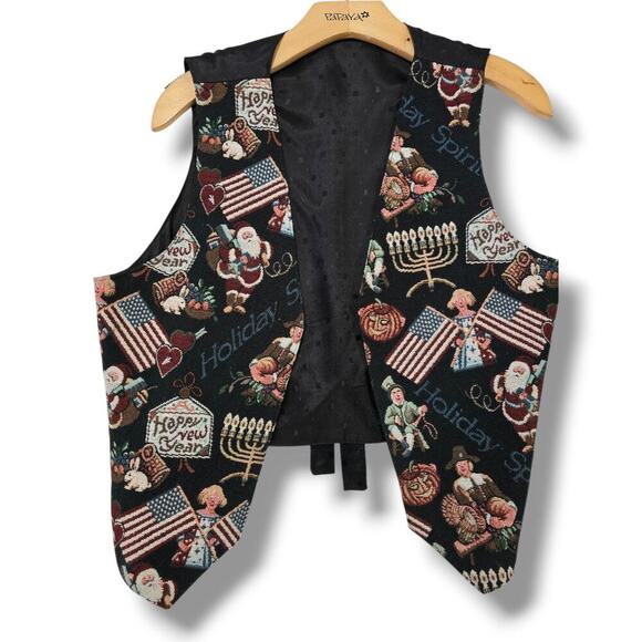 Womens Holiday Tapestry Vest Christmas Thanksgiving Hanukkah USA Flag Open Front - Picture 1 of 10